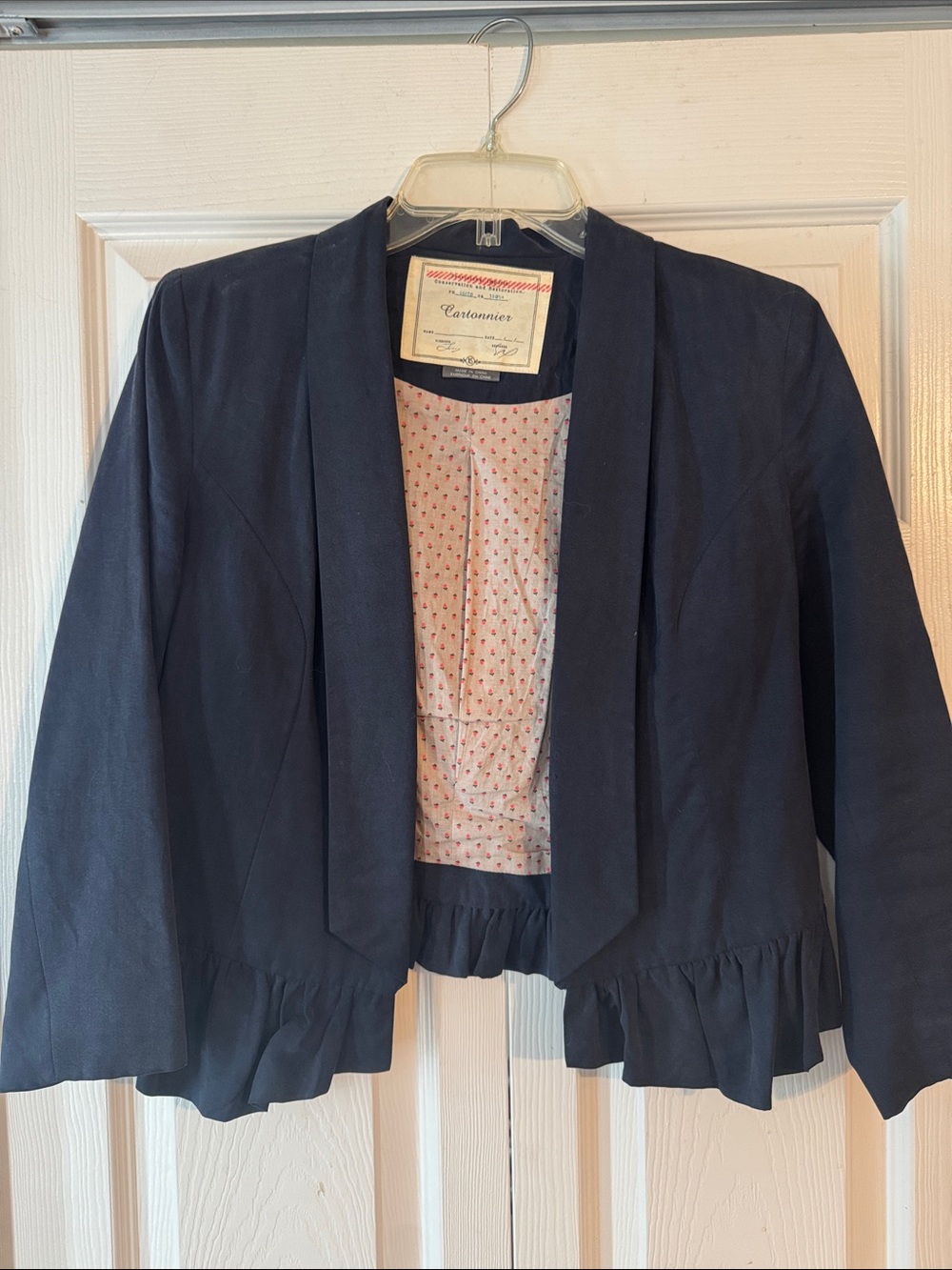 Anthropologie Navy Cropped Open-Front Blazer with Ruffle Hem